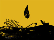 Editorial illustration on yellow background showing a falling oil drop above a dark silhouette landscape with signs reading foreclosure and long lease, a water bottle, and a gun.