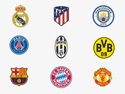 Grid of nine European football club crests including Real Madrid, Atletico Madrid, Manchester City, PSG, Juventus, BVB Dortmund, FC Barcelona, Bayern Munich, and Manchester United.