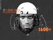 Editorial collage of a football player's face overlaid with chalk play diagrams, a football helmet numbered 37, and orange text showing $1,000,000 and 1600+.