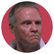 Circular cropped editorial illustration of an older man with gray hair against a red background, appearing displeased.