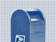 Blue-tinted editorial illustration of a USPS mail collection box against a grid-paper background.