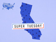 Editorial illustration featuring a large blue star-patterned silhouette of California with a Super Tuesday label and a small US map inset highlighting voting states.