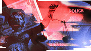 Editorial collage illustration in red and blue tones featuring Lady Justice scales, currency, a police label, and classical statues symbolizing law enforcement and money.