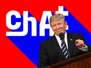 Editorial illustration showing a man at a podium against a red and blue background with large text reading ChAt+