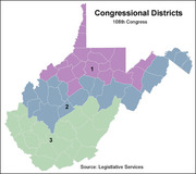 Color-coded map of West Virginia's three Congressional Districts as of the 108th Congress, with districts labeled 1, 2, and 3.