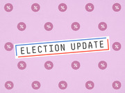 Decorative editorial graphic with the text Election Update on a pink background patterned with percentage sign icons in circles.