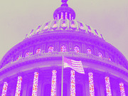 Stylized editorial illustration of the US Capitol dome in purple tones with decorative geometric arrow patterns overlaid on the columns and windows.