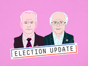 Editorial cartoon illustration of two older male politicians on a pink background with an Election Update banner, likely depicting Biden and Sanders.