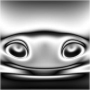 Abstract black and white digital illustration resembling a stylized face with two eye-like forms and a curved smile-like shape.