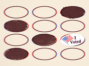 Editorial illustration showing a grid of oval sticker outlines, some filled dark, with one I Voted sticker featuring an American flag, suggesting voter turnout.