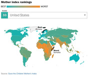 World map showing Mother Index rankings by country, with Norway ranked best and Somalia ranked worst, and the United States ranked 33rd.