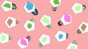 Decorative editorial illustration featuring scattered concentric pentagon shapes in various colors with small grayscale human faces peeking out from behind them on a pink background.