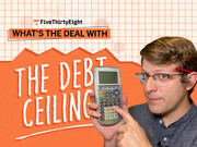 FiveThirtyEight editorial graphic titled What's the Deal With the Debt Ceiling, featuring a person holding a calculator against an orange illustrated background.