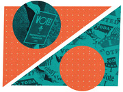 Editorial illustration in orange and teal showing a hand holding a Vote for Reproductive Freedom 2022 sign alongside scattered I Voted Today stickers.