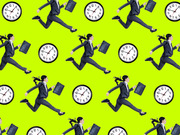 Repeating pattern of a businesswoman running with a briefcase alongside wall clocks on a bright yellow-green background.