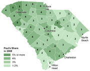 Choropleth map of South Carolina counties showing Ron Paul's vote share in the 2008 primary, with counties shaded from light to dark green indicating 1-2% up to 5% or more.