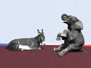 Editorial collage showing a donkey and elephant, symbols of the Democratic and Republican parties, facing each other against a blue and red background.