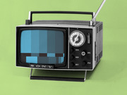 Editorial illustration of a vintage Sony portable television with a pixelated blue static screen on a green background.
