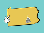 Editorial illustration of Pennsylvania state outline in yellow with a Capitol building icon and a pixelated cursor hand pointing at it, on a teal background.
