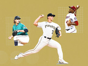 Editorial illustration of three MLB pitchers from the Mariners, Pirates, and Nationals posed against a gold background with grid accents.