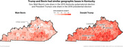 Side-by-side choropleth maps of Kentucky showing Matt Bevin's 2015 gubernatorial vote share and Donald Trump's 2016 presidential vote share by county.
