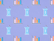Repeating pattern illustration featuring debate podiums with microphones and colorful bar charts on a purple background.