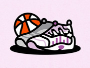Bold graphic illustration of a basketball sneaker with purple accents resting against an orange and white basketball on a light pink background.