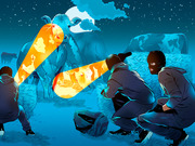 Editorial illustration showing masked figures crouching at night shining flashlights on cattle, depicting livestock theft under a moonlit sky.