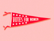 Illustrated red pennant flag with white stars and the text Votes For Women on a pink background.