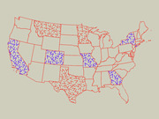 US map with red and blue arrow-like symbols scattered across various states, likely indicating some directional or partisan data comparison by state.