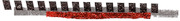 Abstract decorative strip showing a row of dark rectangular shapes above a red and gray textured band.