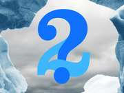 Editorial illustration showing two overlapping blue question marks against a gray sky framed by icy glacier formations, suggesting uncertainty about climate or Arctic topics.