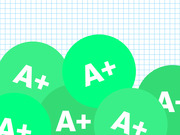 Decorative editorial illustration showing multiple green circles with A+ and A- grade labels on a grid paper background.