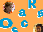 Editorial illustration with an orange background featuring scattered blue letters spelling Oscars and circular cutout photos of two actors.