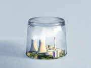Editorial illustration of a power plant with cooling towers and smokestacks trapped inside an upside-down glass, symbolizing contained or captured emissions.