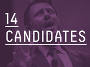 Purple-tinted editorial graphic overlaying a politician's photo with large white text reading 14 Candidates.