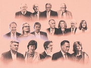 Editorial collage illustration showing approximately 15 U.S. senators rendered in a pink-tinted monochrome style against a salmon background.