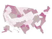 Decorative collage illustration of the United States map filled with overlapping pink and gray patterned textures including grids, topographic lines, and dots.
