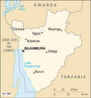 CIA 1999 map of Burundi showing major cities including Bujumbura, neighboring countries Rwanda, Tanzania, and DEM. REP. OF THE CONGO, and Lake Tanganyika.