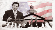 Editorial collage illustration showing a politician speaking at a podium with microphones, reporters raising hands, a capitol building, and an American flag backdrop.