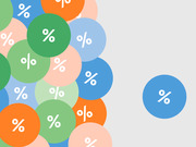 Decorative editorial illustration showing colorful circles of various sizes with percentage signs, one isolated circle separated from the cluster.