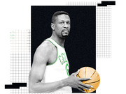 Stylized black-and-white editorial illustration of a Boston Celtics basketball player wearing jersey number 6 and holding a basketball, with grid and geometric design elements.