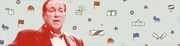 Editorial illustration of a man in red duotone against a light green background scattered with political icons including flags, donkeys, stars, money, and the White House.