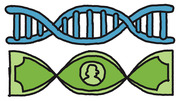 Editorial cartoon illustration showing a blue DNA double helix above a green dollar bill twisted into a DNA-like shape with a human silhouette in the center.
