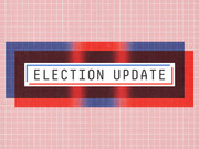 Decorative editorial header graphic reading Election Update with red and blue overlapping rectangles on a pink grid background.