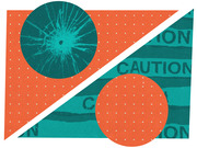 Editorial illustration with orange and teal halves divided diagonally, featuring a shattered glass circle, a plain circle, and caution tape text.