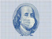 Editorial illustration of Benjamin Franklin from the $100 bill wearing a surgical face mask, rendered in blue on a grid background.