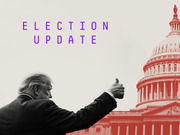 Editorial illustration showing a figure giving a thumbs up beside a red-tinted US Capitol building with the text Election Update in purple letters.
