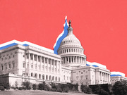 Stylized editorial illustration of the US Capitol building in grayscale against a red background with blue and white torn-paper graphic elements.