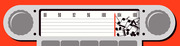 Illustration of a vintage car radio dial showing FM frequencies from 88 to 108 MHz with musical notes appearing near the 104 marker on a red background.